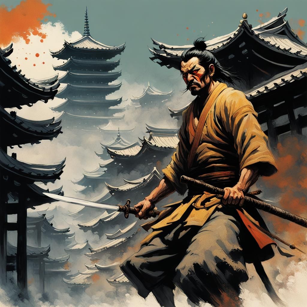 Craft An Illustration In The Style Of Frank Frazetta Depicting Japanese 