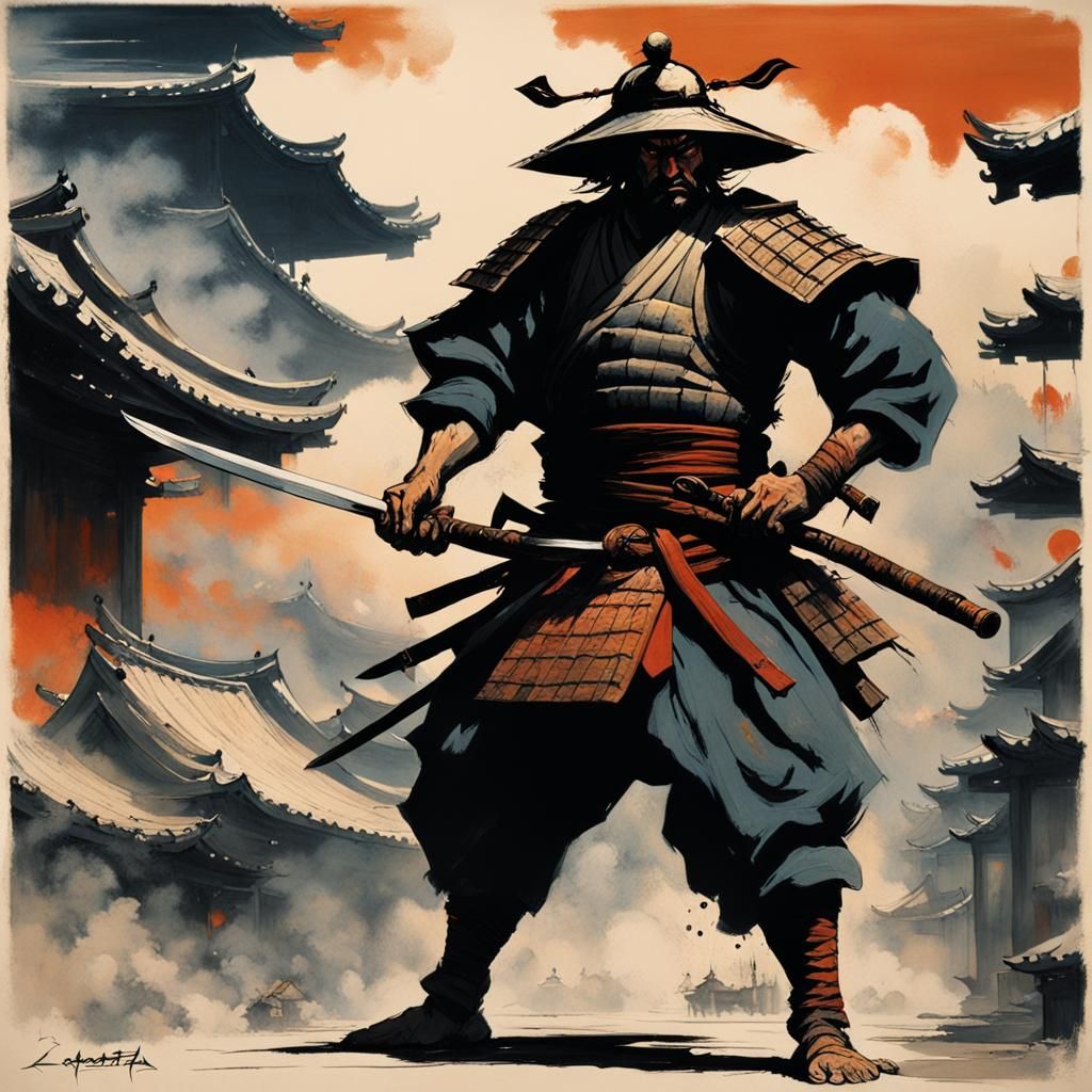 Craft an illustration in the style of Frank Frazetta depicting Japanese ...