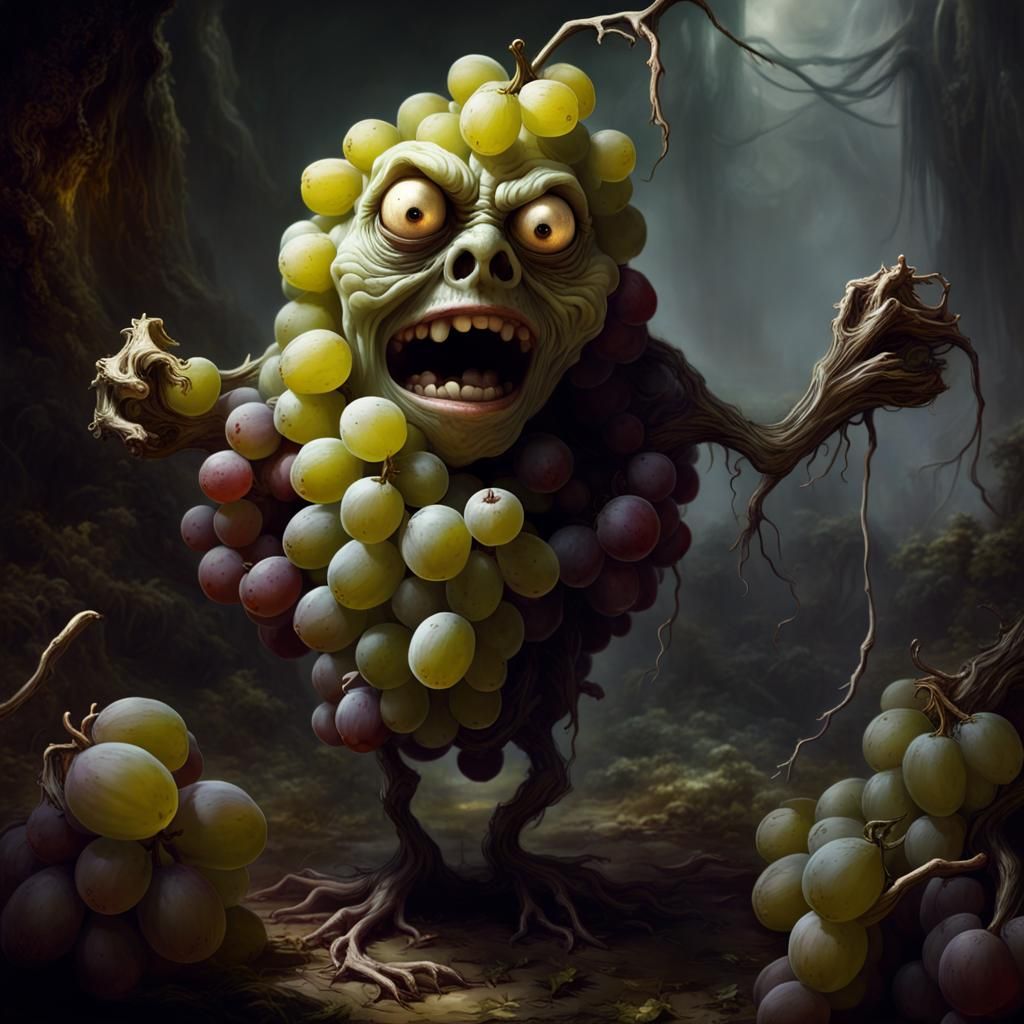 anthropomorphic grapes that looks like a human zombie : wrin...