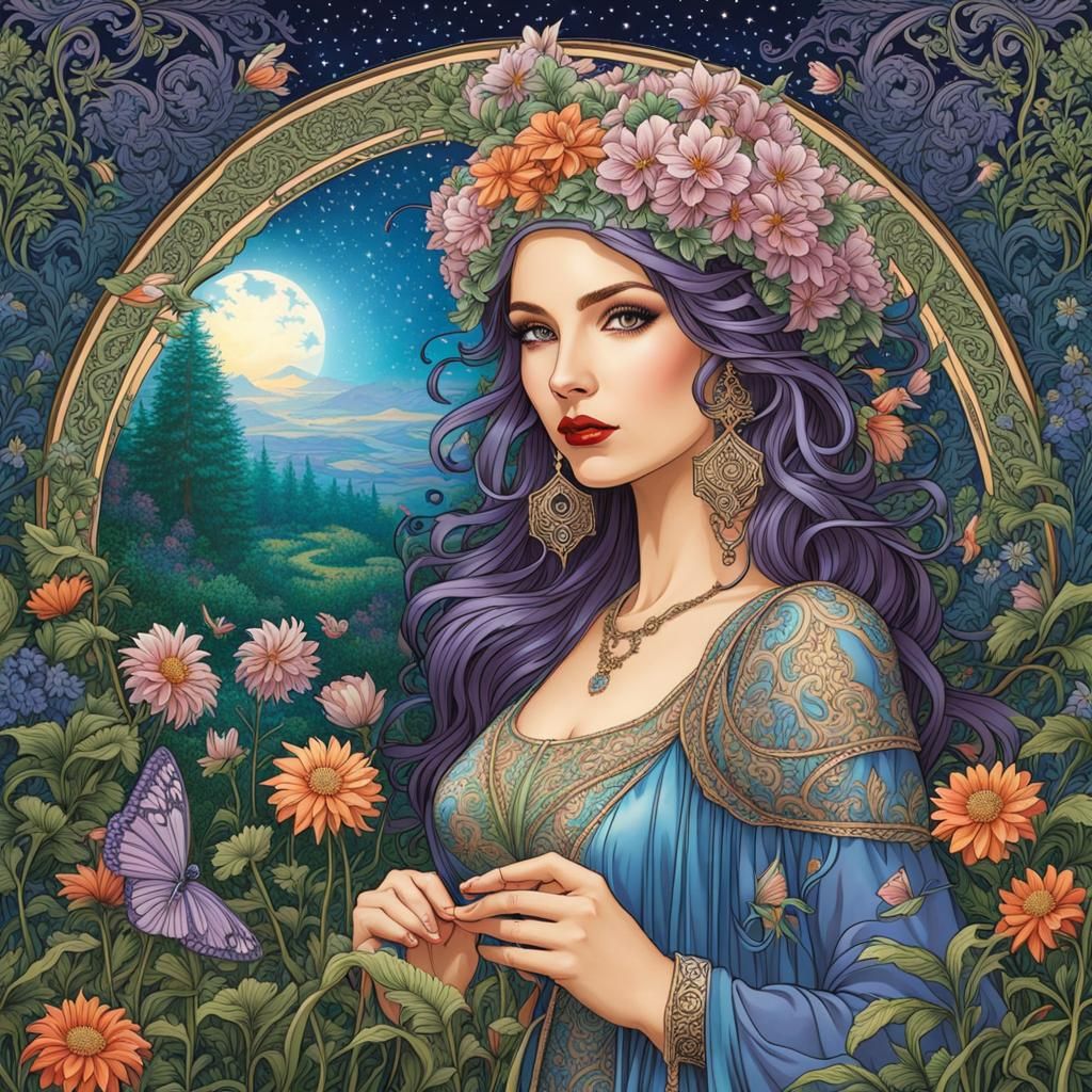 Mysterious beautiful woman with iridescent hair picking flowers in an ...