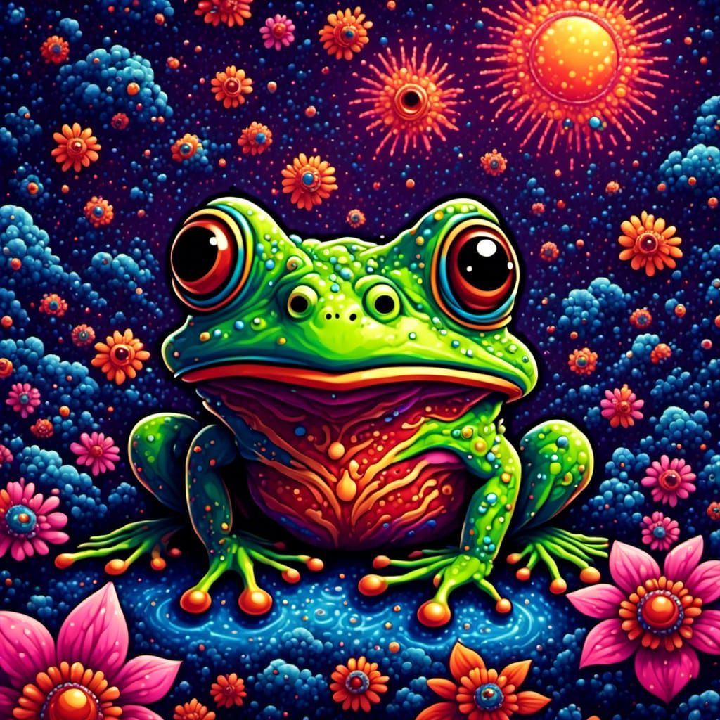 Psychedelic frog of trippy Doom and hippy love and peace <lo...