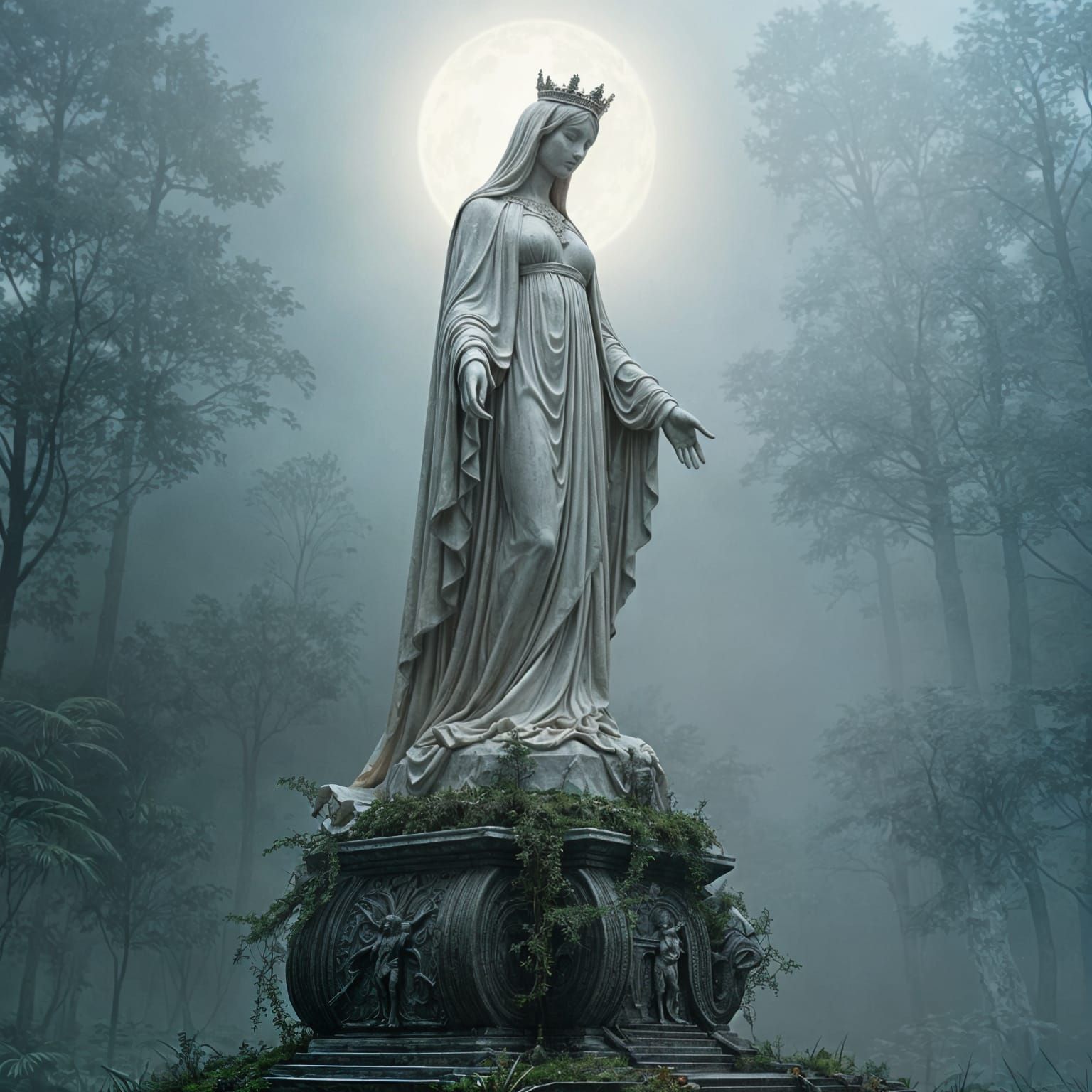 una estatua de una virgen de marmol encima de una peana y que halla vegetacion al rededor suya con un fondo de niebla estilo oscuro la imagen en blanco y negro
