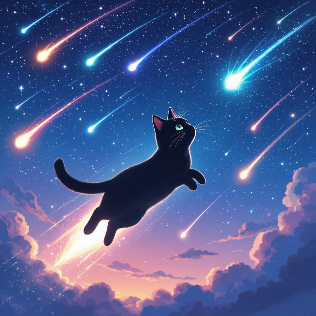 Black Cat Soars Through Starry Night Sky with Meteors