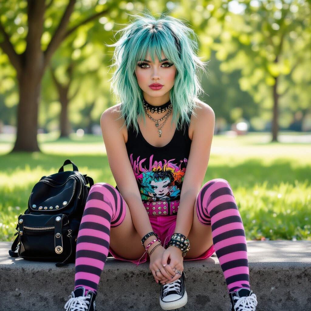 A young alternative scene girl sitting on a low concrete ledge in a park on a sunny day. She has big, layered, choppy hair dyed mint green o...