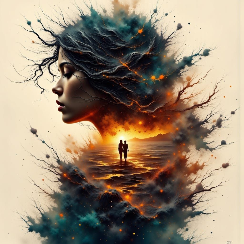 Woman Silhouette with Beach and Desert Double Exposure