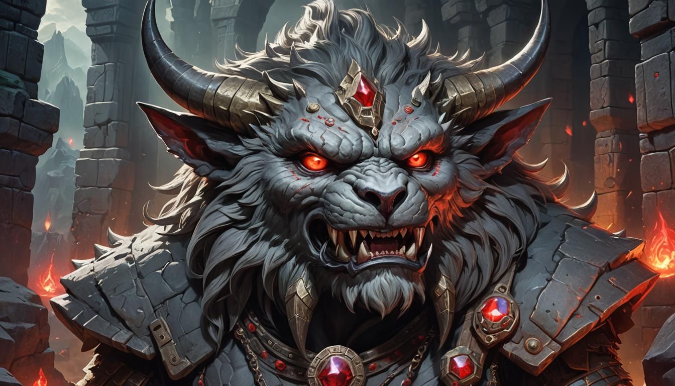 scenic picture of a ancient gambling god, grey beast face, p...