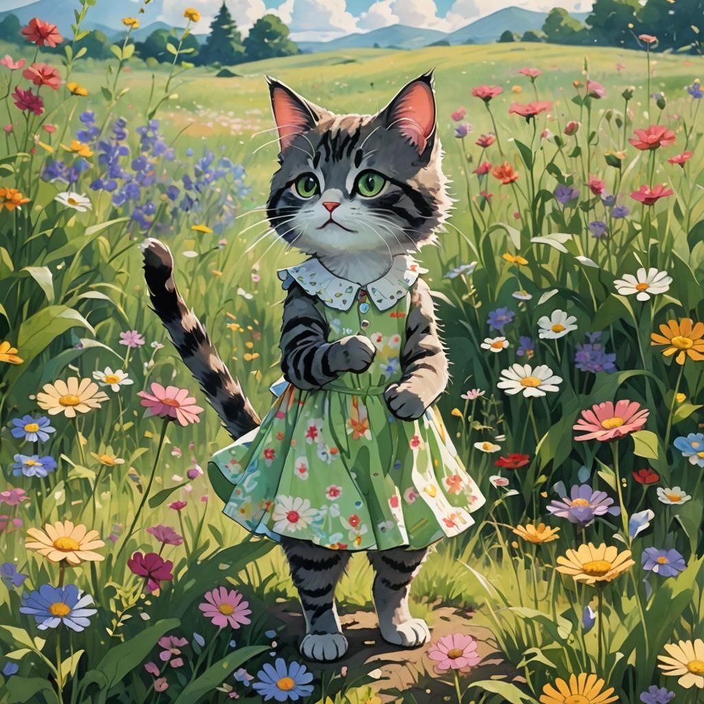 Anime Cat Plucking Flower in Field