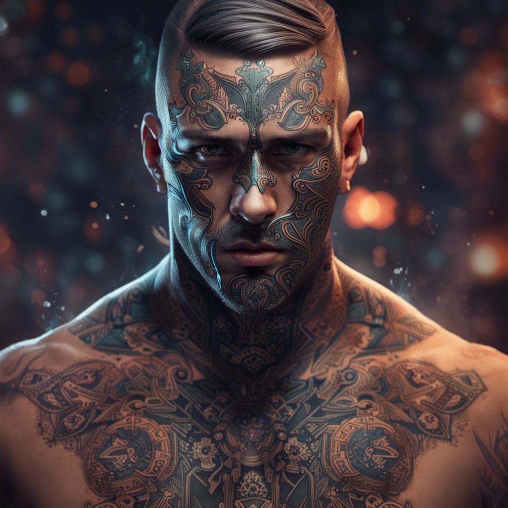 Create a man with bytes tattooed on his face 1 0 , hacker li...