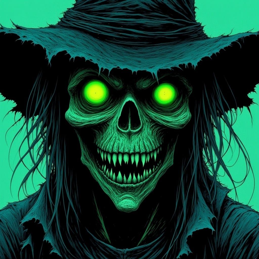 <lora:Creepy-Flux:1.0> Creepy Scarecrow Anime MAPPA Style, portrait close up, multilayered glowing green eyes, Insanely detailed horror Scar...