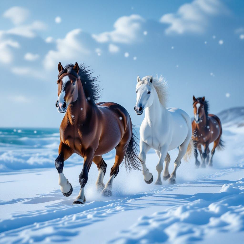Horses Gallop in Snowy Coastal Landscape