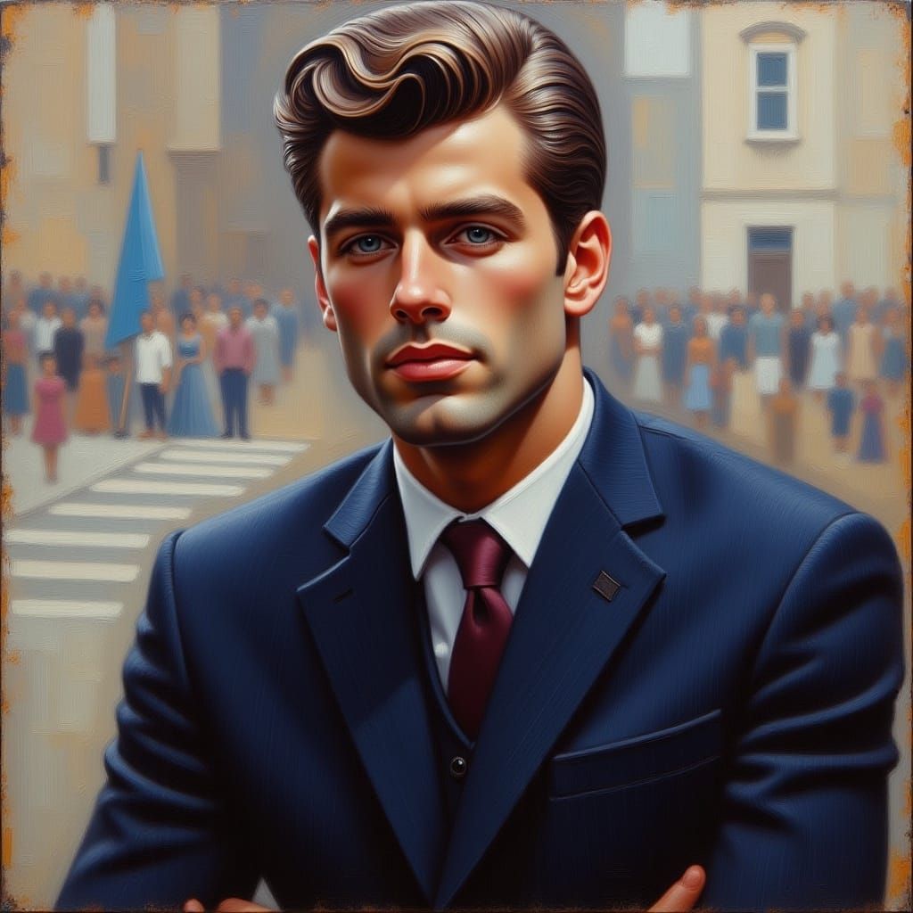 <lora:60s Mod Flux:1.0> oil painting,  handsome man in a suit