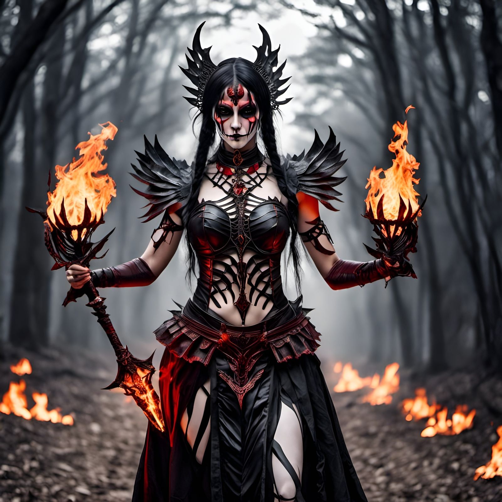 <lora:Grim:1.0> <lora:Dem Bones:1.0> Demonic fairy cosplay photography , holding flaming balls