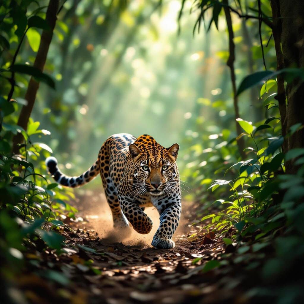 Agile Leopard Running Through Lush Jungle