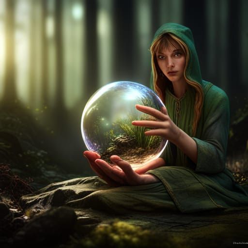 a orb filled with colorful glittery lights in the hand of an elf in the ...