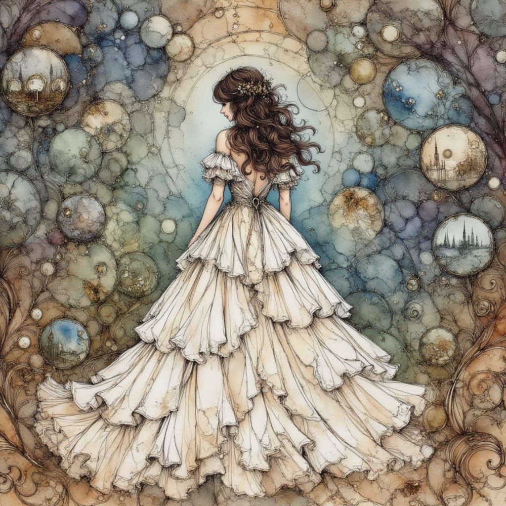 Surreal Ballgown Woman in Bubble Labyrinth