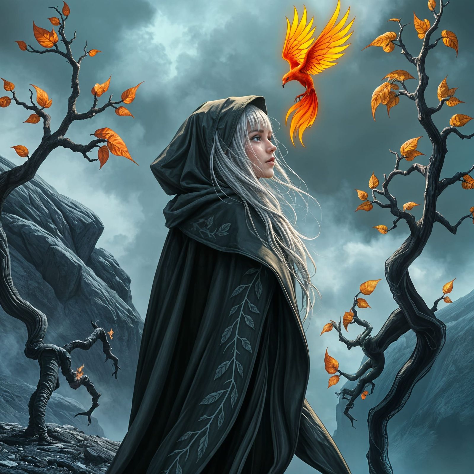 Surreal Elf Landscape with Fiery Birds