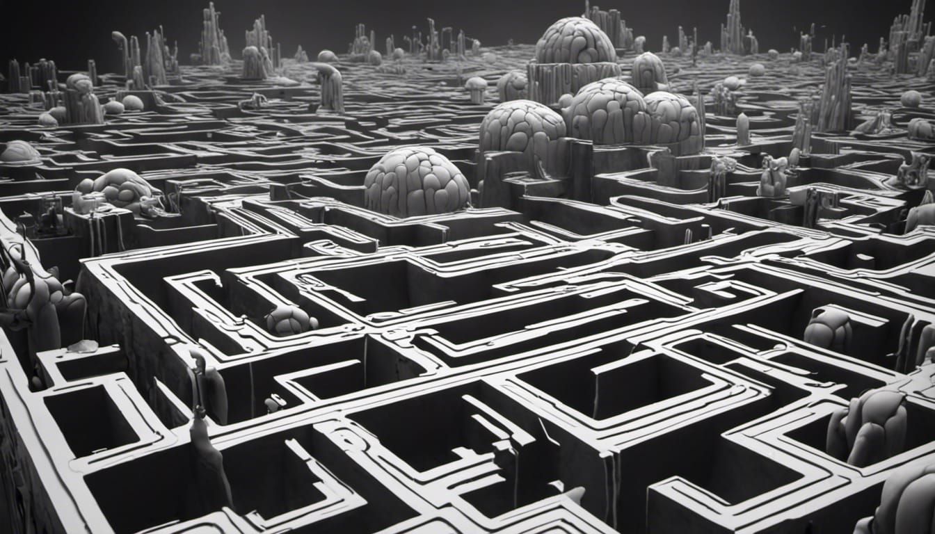 AI maze, retro, black and white, dali
