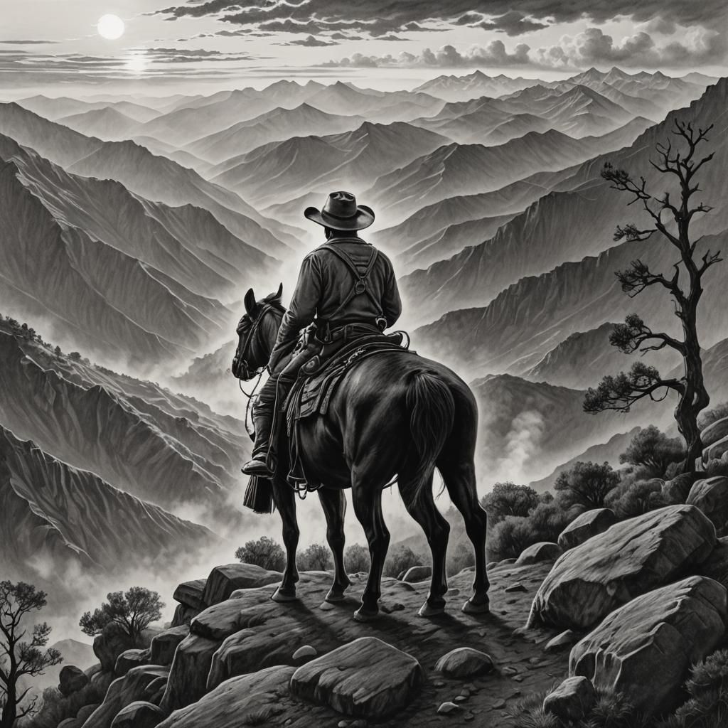 Un vaquero fumando un puro en la cima de una montaña, viendo...