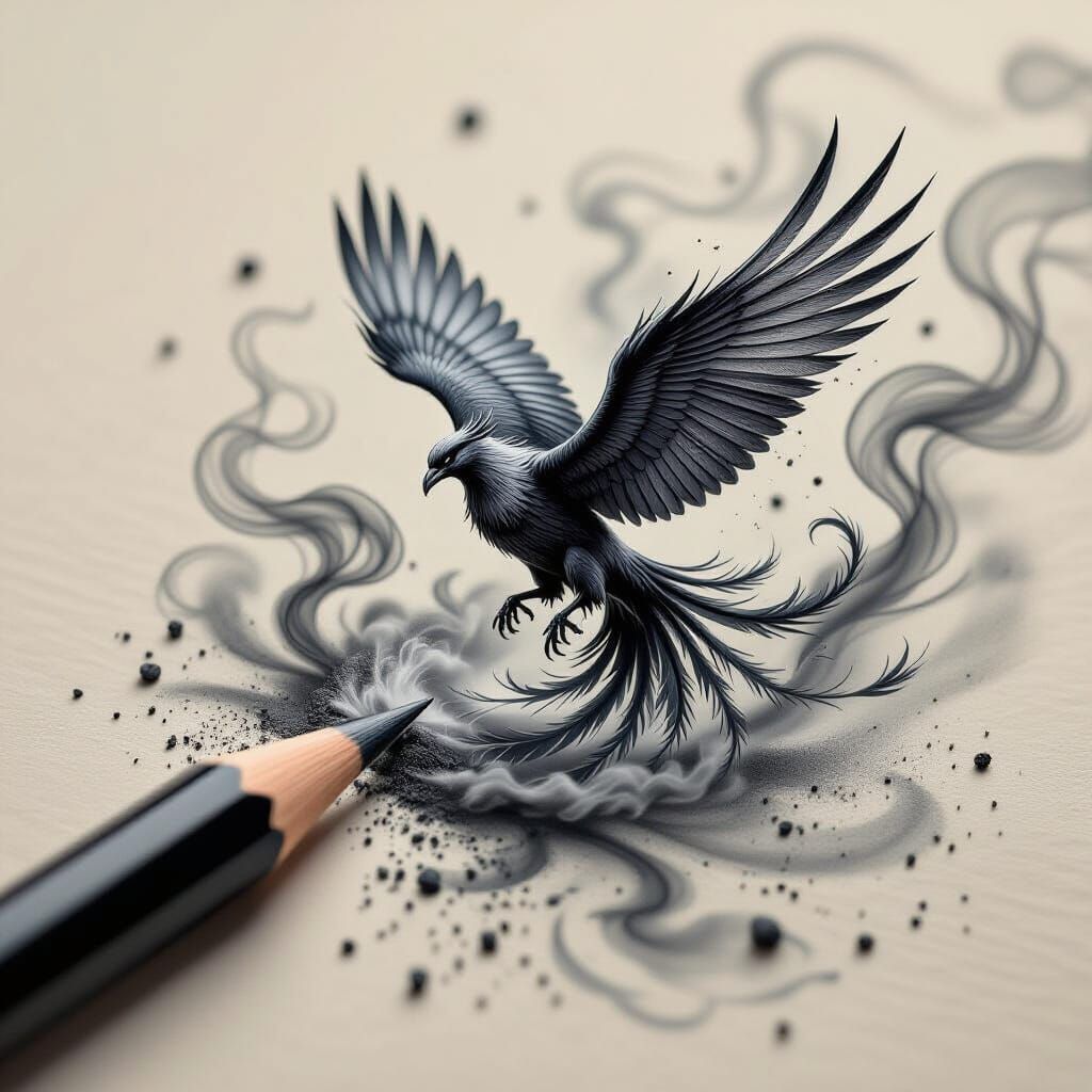 the pencil no longer draws a phoenix but a woman in red as in the reference illustration. the line of the pencil is red. the pencil is sligh... - Start Image 1