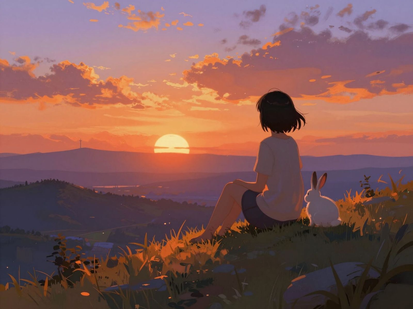 Woman on Hill at Sunset Silhouette in Anime Style