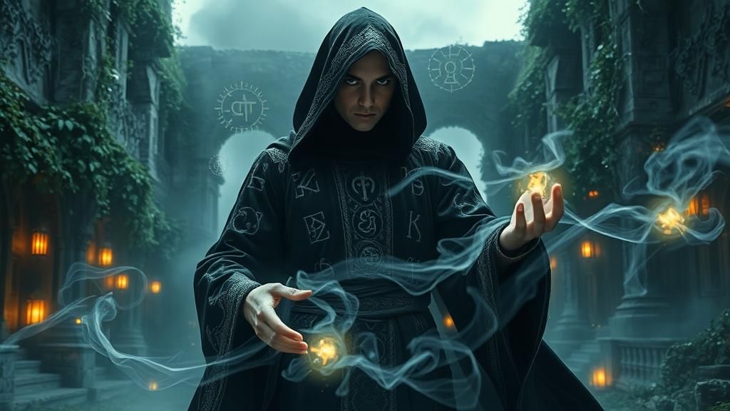 A mysterious mage cloaked in dark robes  by @MikeMeehow