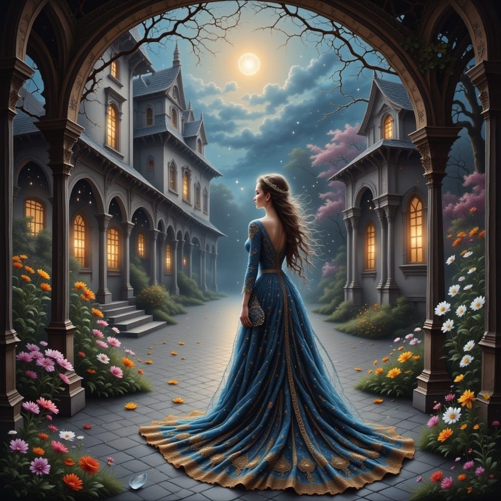 A elven woman waiting at a courtyard  