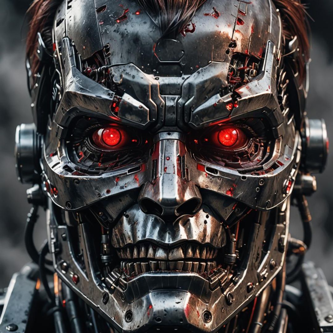 A very super close up photo head shot of the metal face Terminator in ...