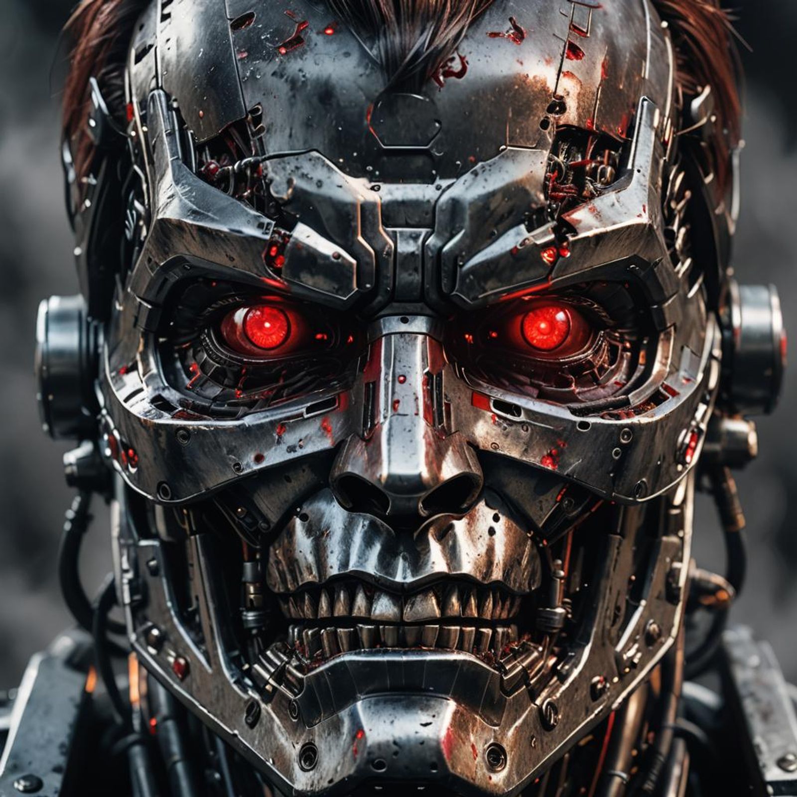 A very super close up photo head shot of the metal face Terminator in ...