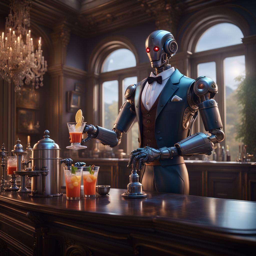 Robo butler serving drinks in a beautiful mansion,detailed matte painting, deep color, fantastical, intricate ...  by @Crazymoona