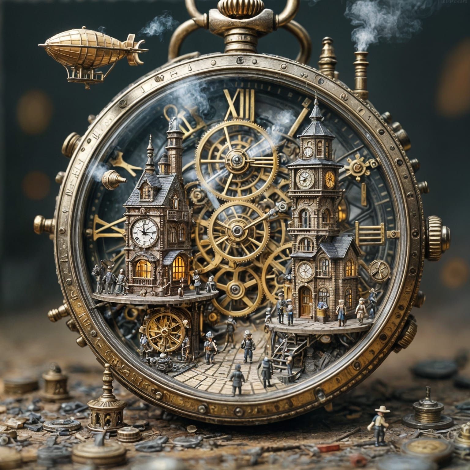 A miniature steampunk city built inside an antique pocket watch.  by @Kernowek