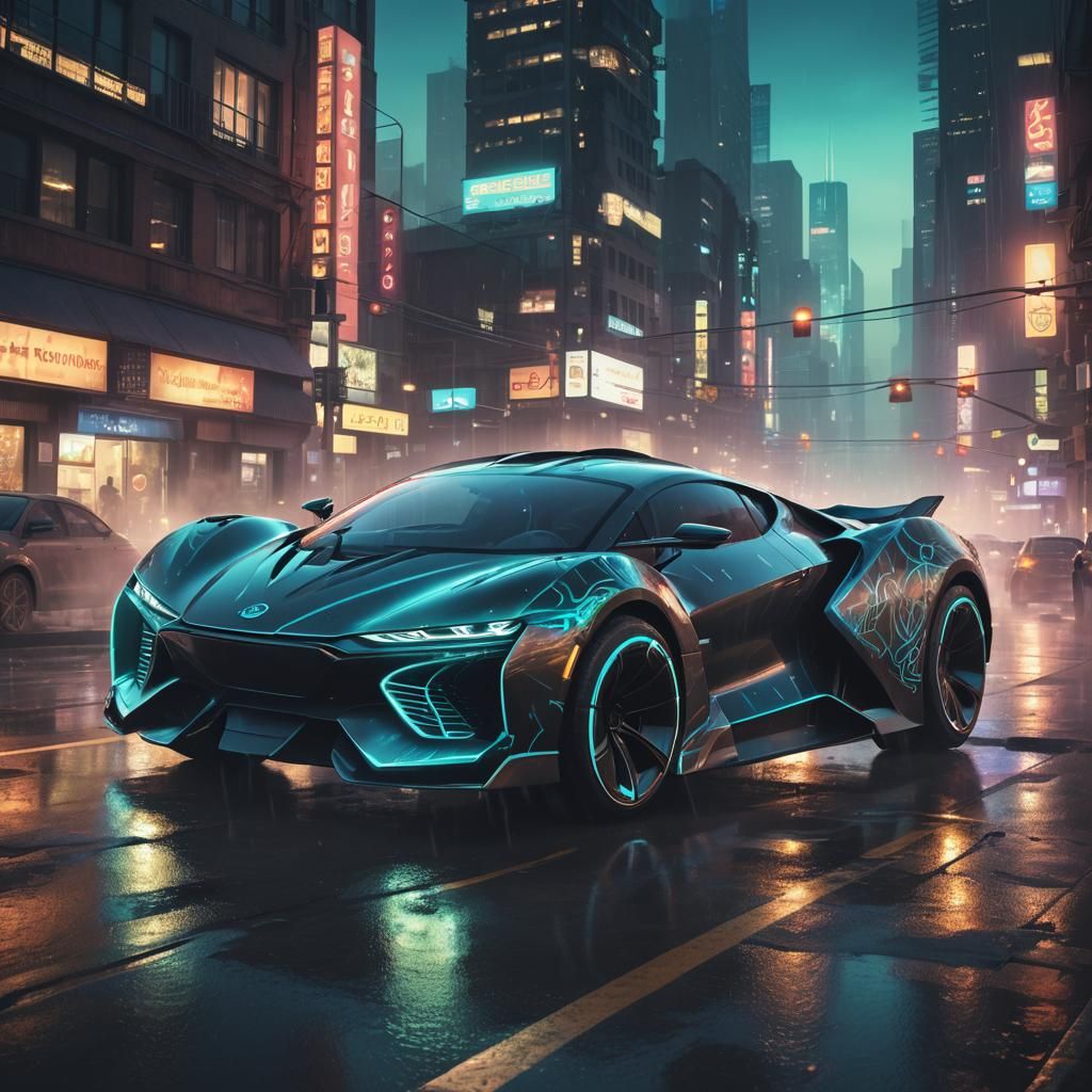 Bioluminescent Concept Car in Neon Cityscape