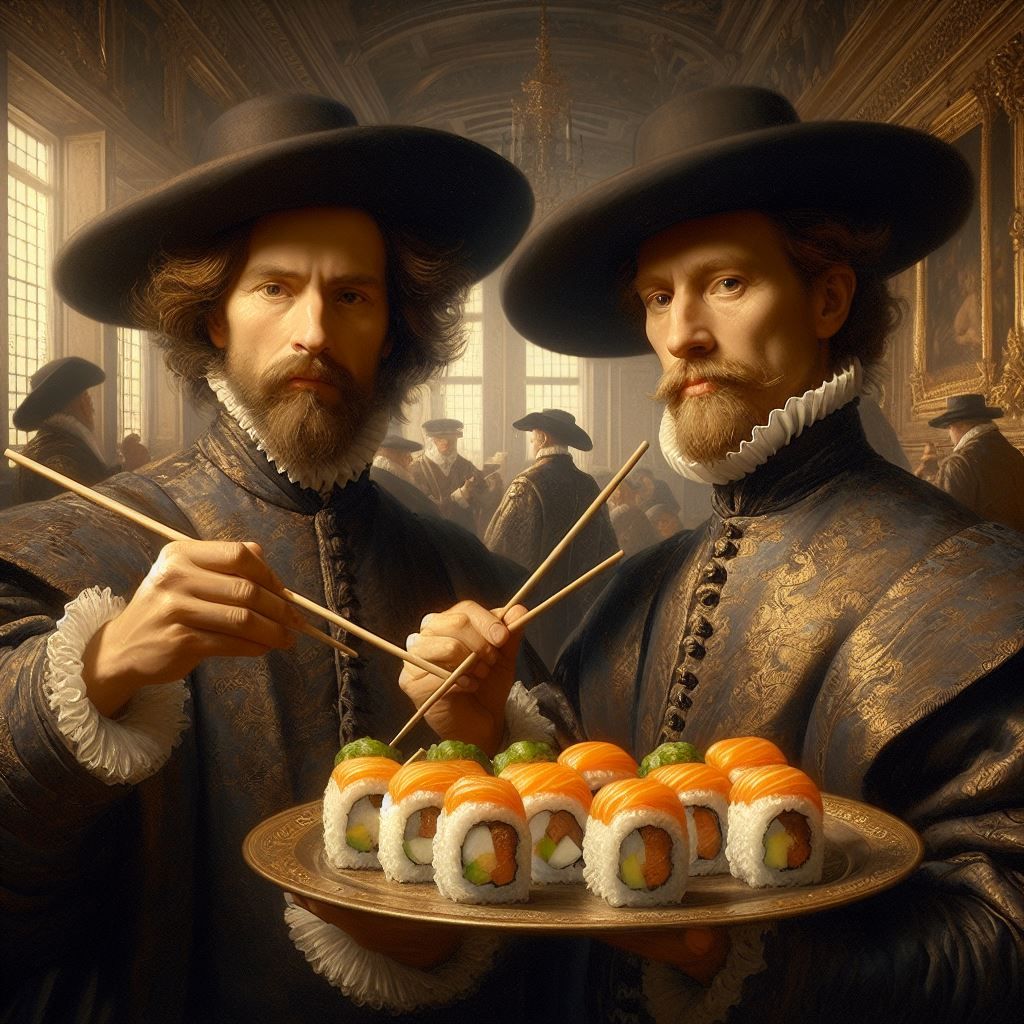 two noblemen eating Sushi