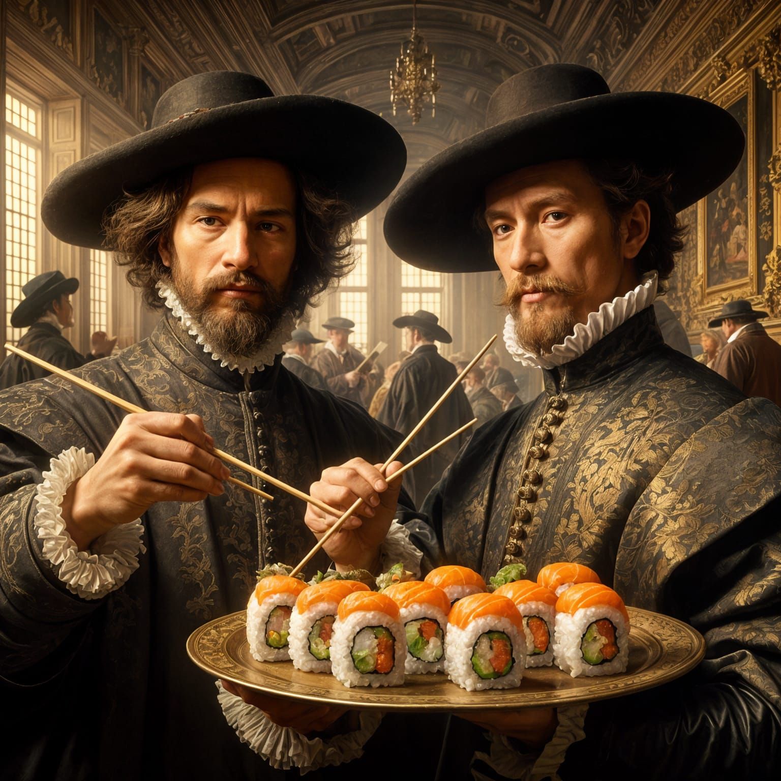 two noblemen eating Sushi