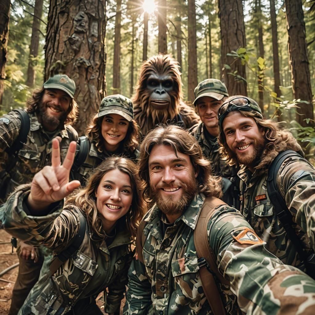 Photobomb :: in the foreground of the picture a group of hunters is making a selfie,  :: a cute and fluffy Bigfoot in the background peeks o...