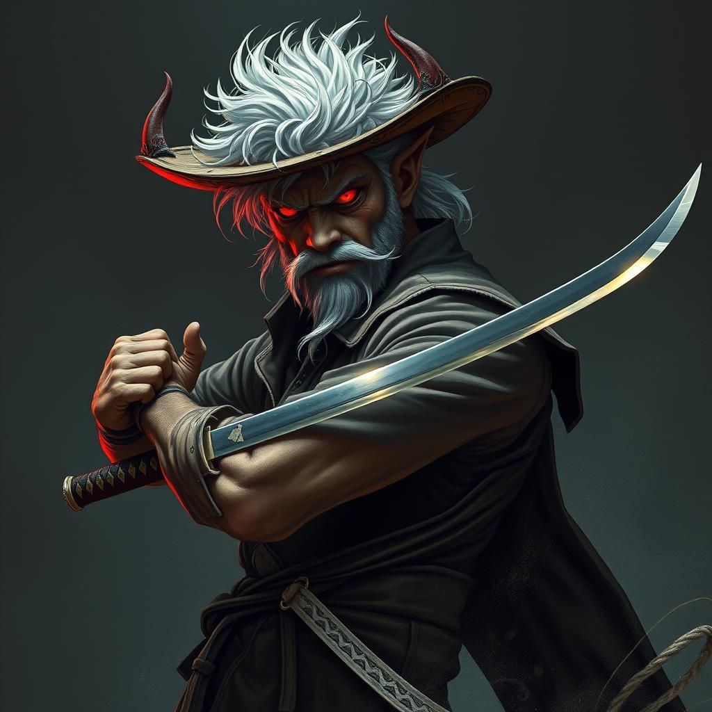 (25 year old halfhuman Halfdemonmale with red eyes, white hair, and