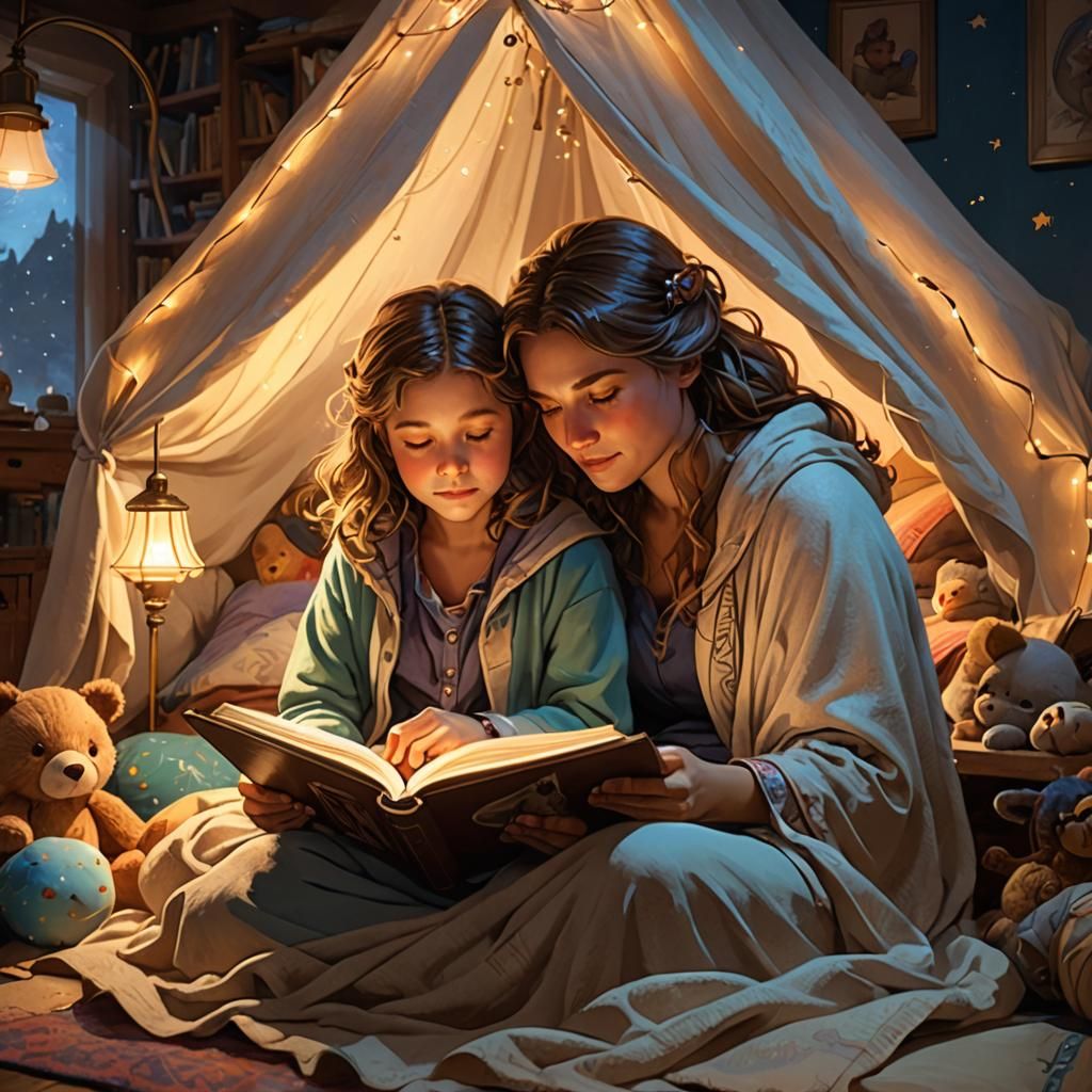 "Create a heartwarming scene of a mother reading bedtime stories to her cozy child nestled within a whimsical ...  by @JuiceBox
