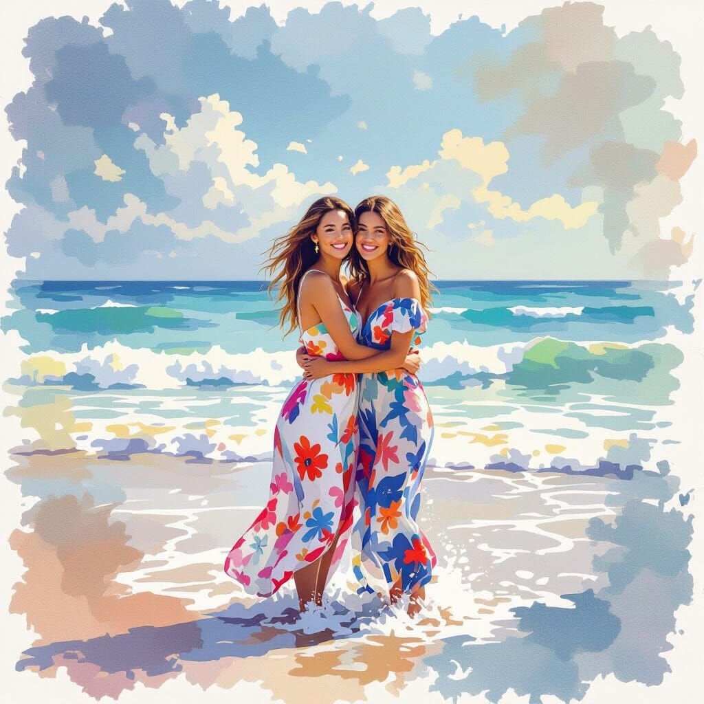 Two Women Embracing at Ocean's Edge