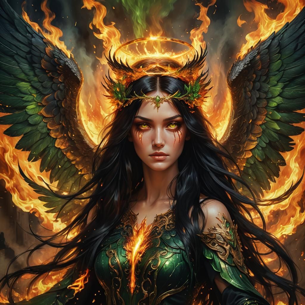 a female angel with long black hair and green eyes. black wings are on fire