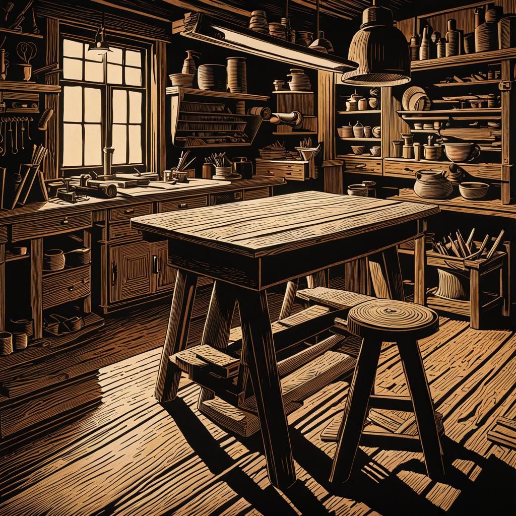 Woodcut print. well lit. exaggerated shadows. highly detaile...