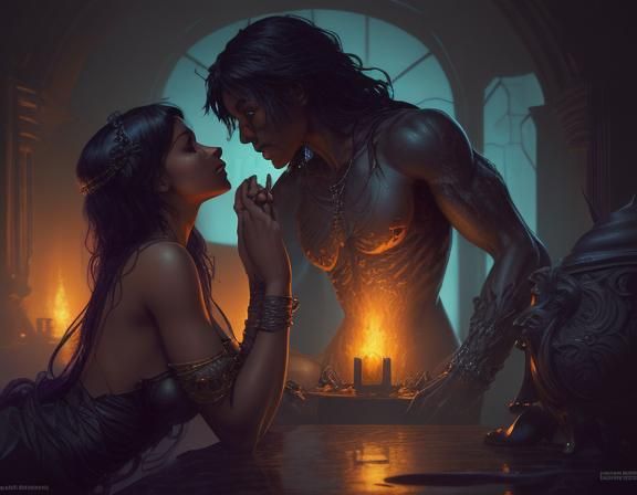 Two black lovers kissing by a roaring fireplace, in the styl...