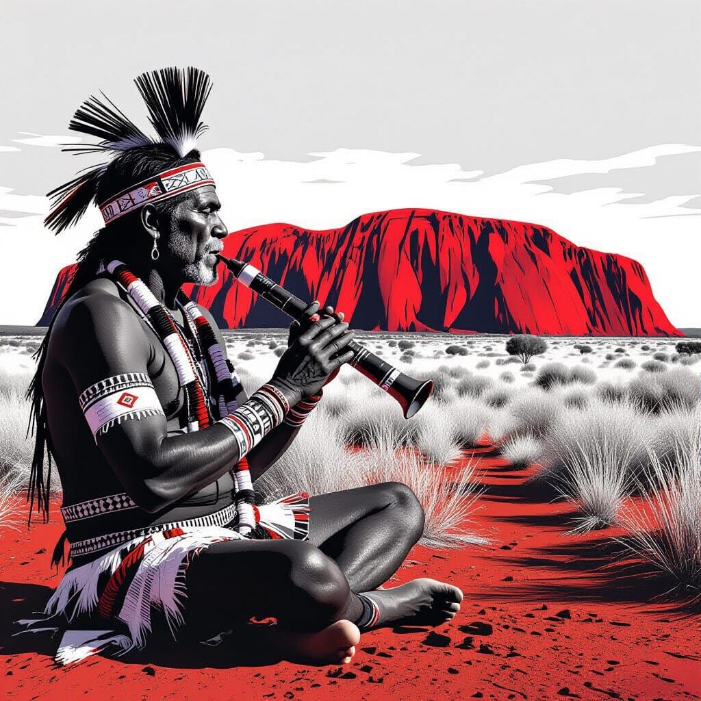 A black and white glitch art portrait of an Australian aboriginal man playing the didgeridoo in front of Uluru Rock. 
