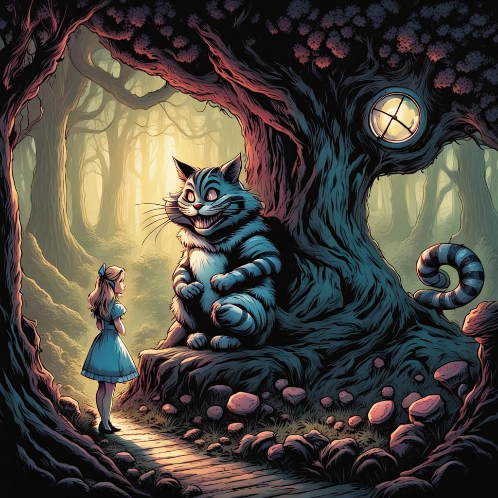 Alice in wonderland talks to Cheshire cat  by @Knarly