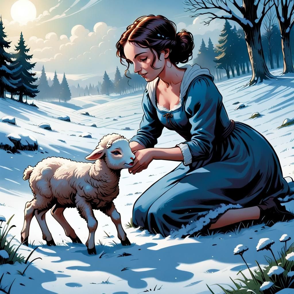 Mary Had a Little Lamb: Mary with her little lamb in a snowy meadow  by @undefined