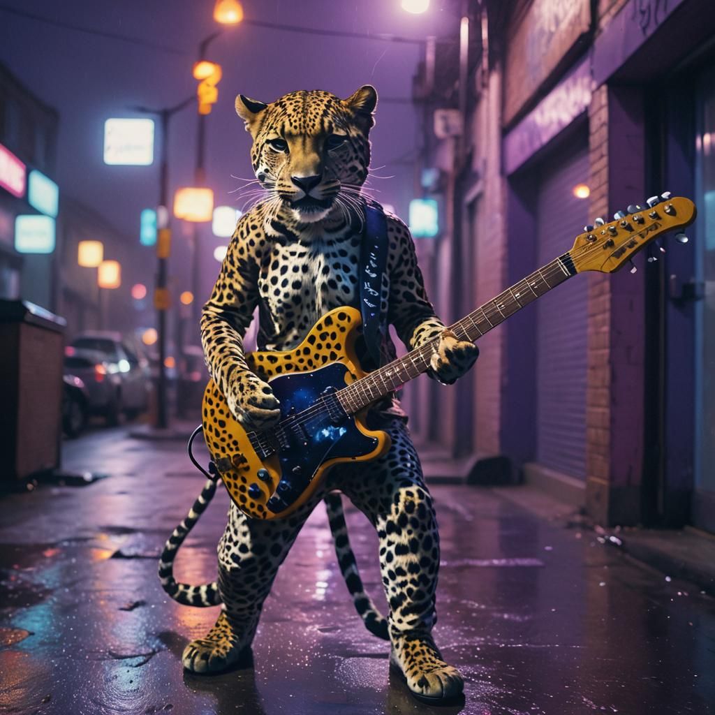 Leopard Plays Electric Guitar in Neon Cityscape