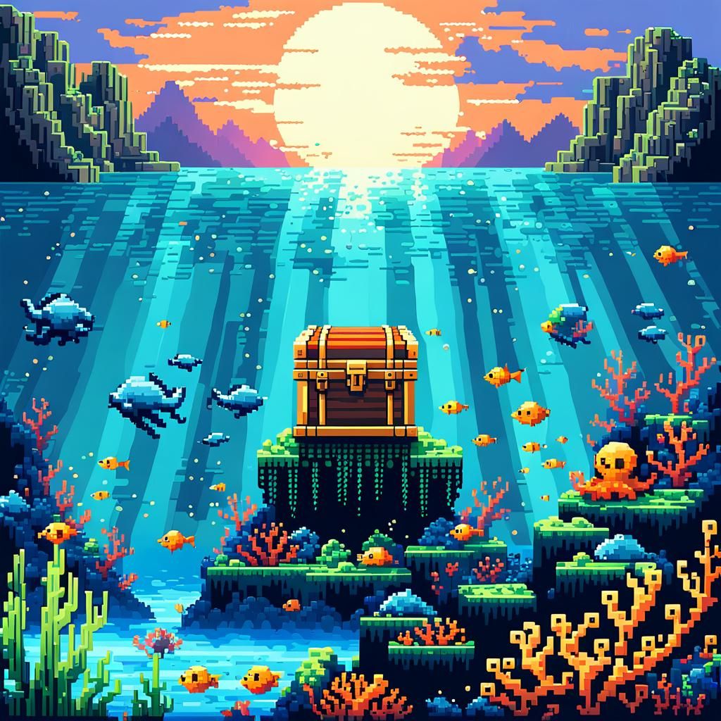 A pixelated underwater world with a vibrant coral reef