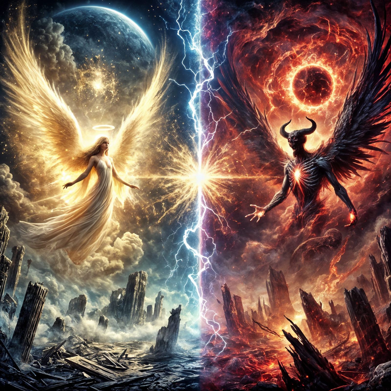 Here is the visual representation of the two types of magic—angelic and hellish—emerging from the cosmic rupture in the ...