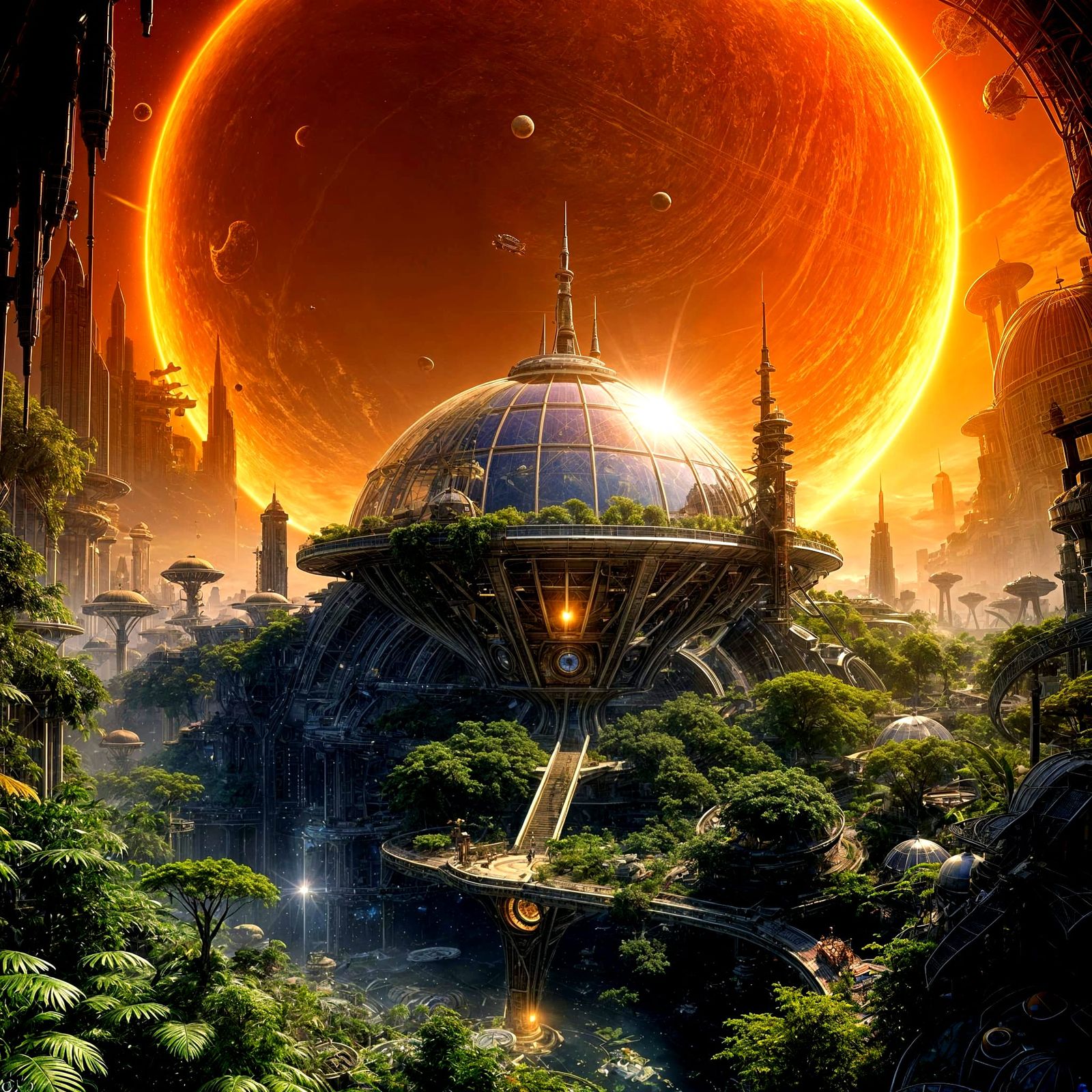 solarpunk. a large space station with a transparent dome. under the dome a city in the style of solarpunk. ...  by @manozavr