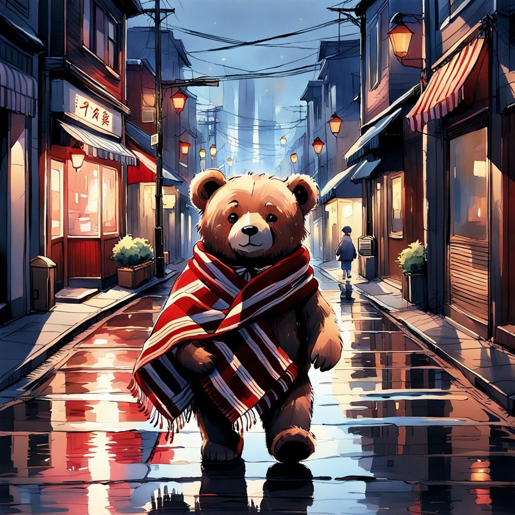 Teddy Bear's City Walk: A Watercolor Concept Art