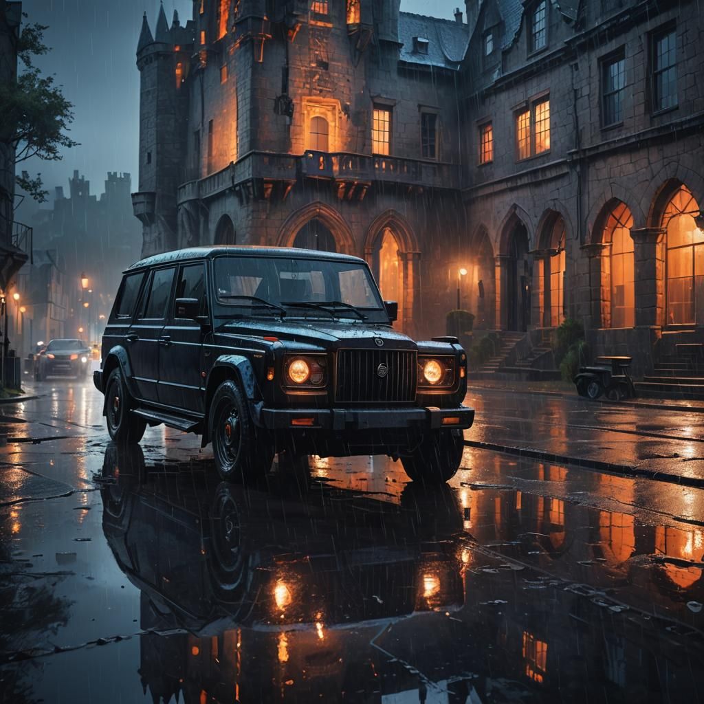Black Car in Rain Reflecting Ancient Castle