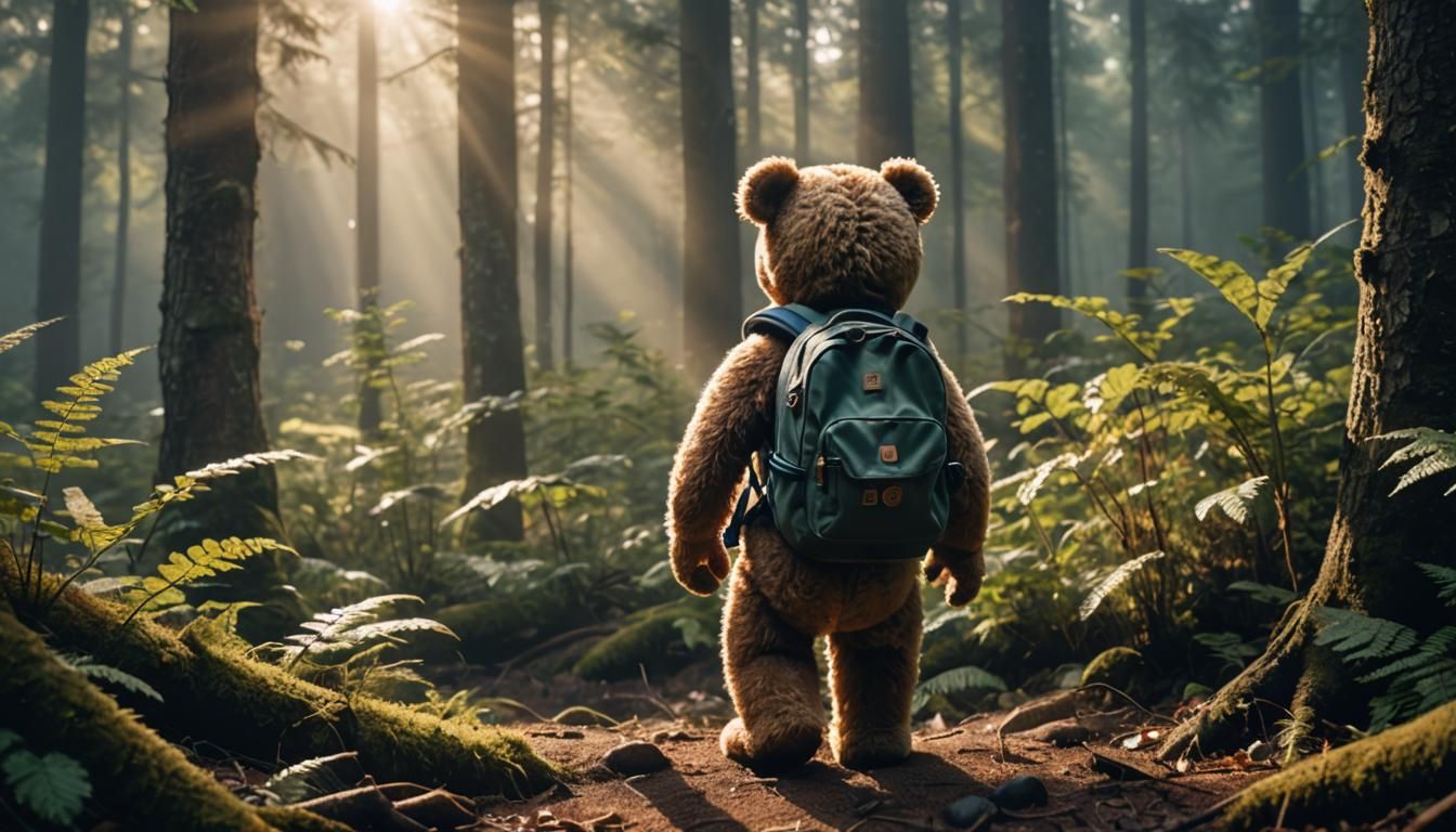 An adventurous teddy bear exploring the outdoors  by @KOSH